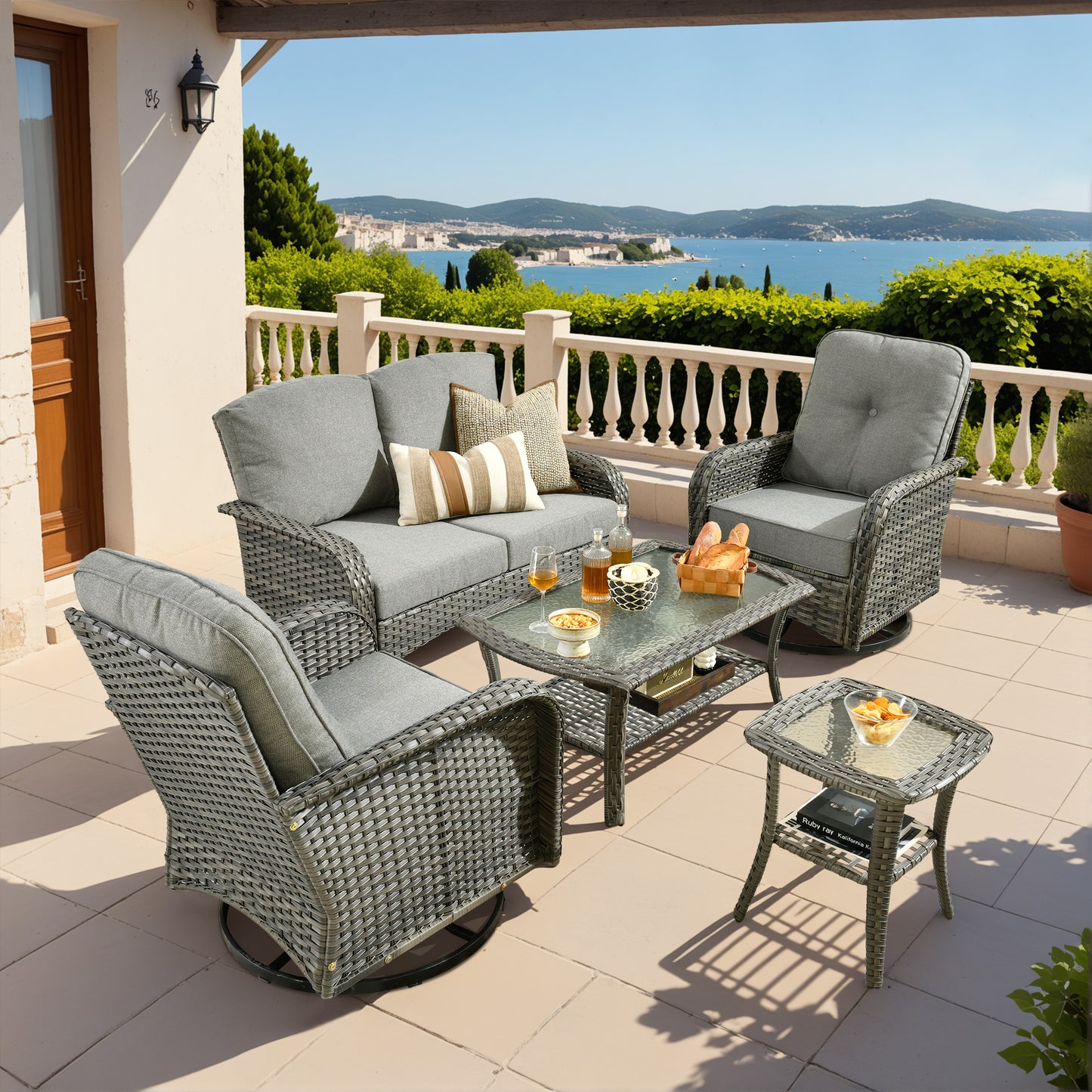Vcatnet 5 Pieces Patio Furniture with Swivel Chairs, High Back Outdoor Conversation Set, All-Weather Wicker Sectional Furniture Set