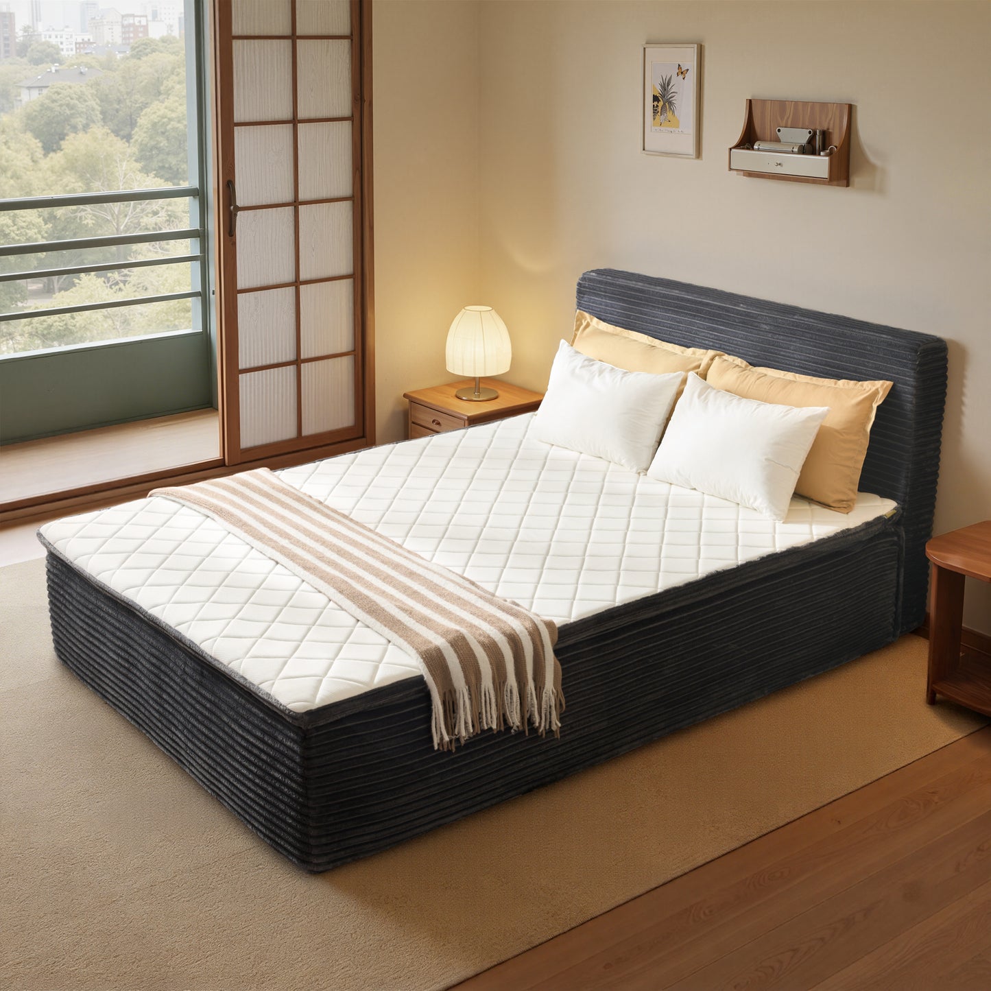 Vcatnet Twin Mattress with Headboard, 16.7 inch Hybrid Memory Foam Mattress in a Box, Corduroy Floor Bed, No Assembly Required, Beige