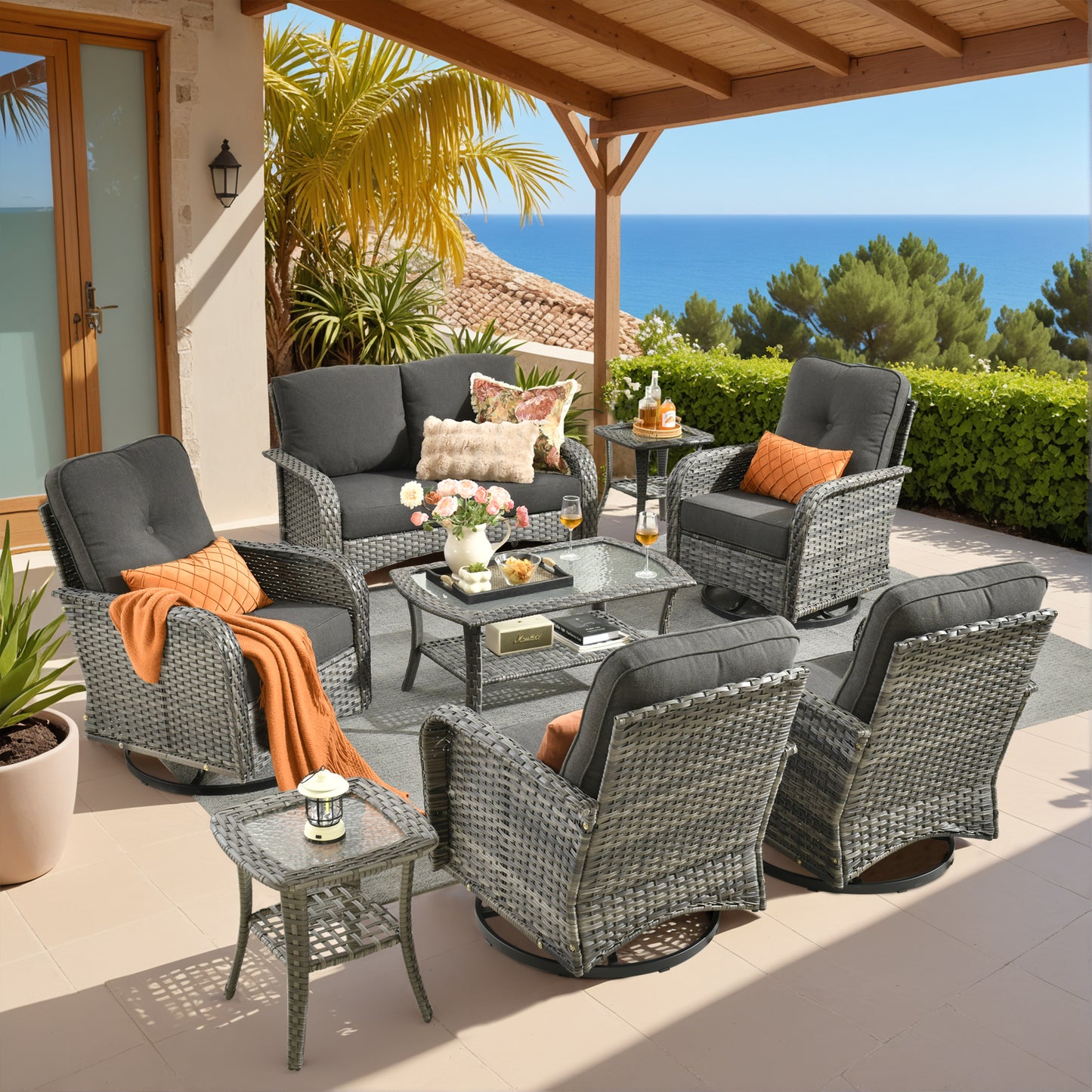 Vcatnet 5 Pieces Patio Furniture with Swivel Chairs, High Back Outdoor Conversation Set, All-Weather Wicker Sectional Furniture Set
