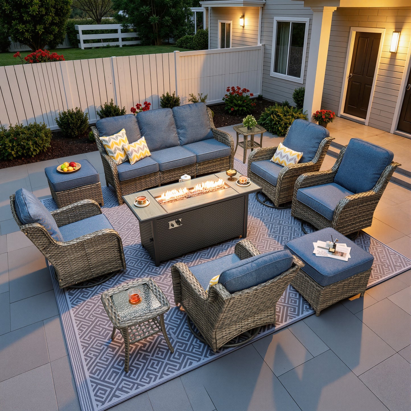 Vcatnet 5 Pieces Outdoor Patio Furniture with Fire Pit Wicker Sectional Sofa High-Back Conversation Set with Swivel Chairs