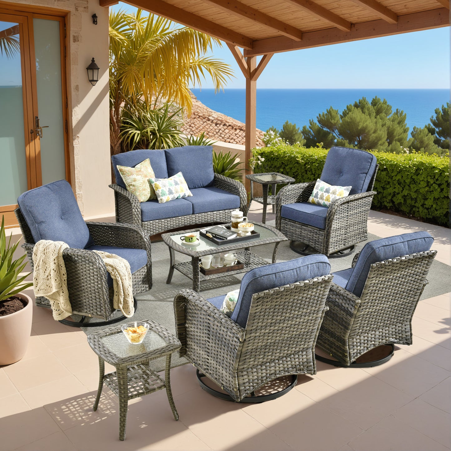 Vcatnet 5 Pieces Patio Furniture with Swivel Chairs, High Back Outdoor Conversation Set, All-Weather Wicker Sectional Furniture Set