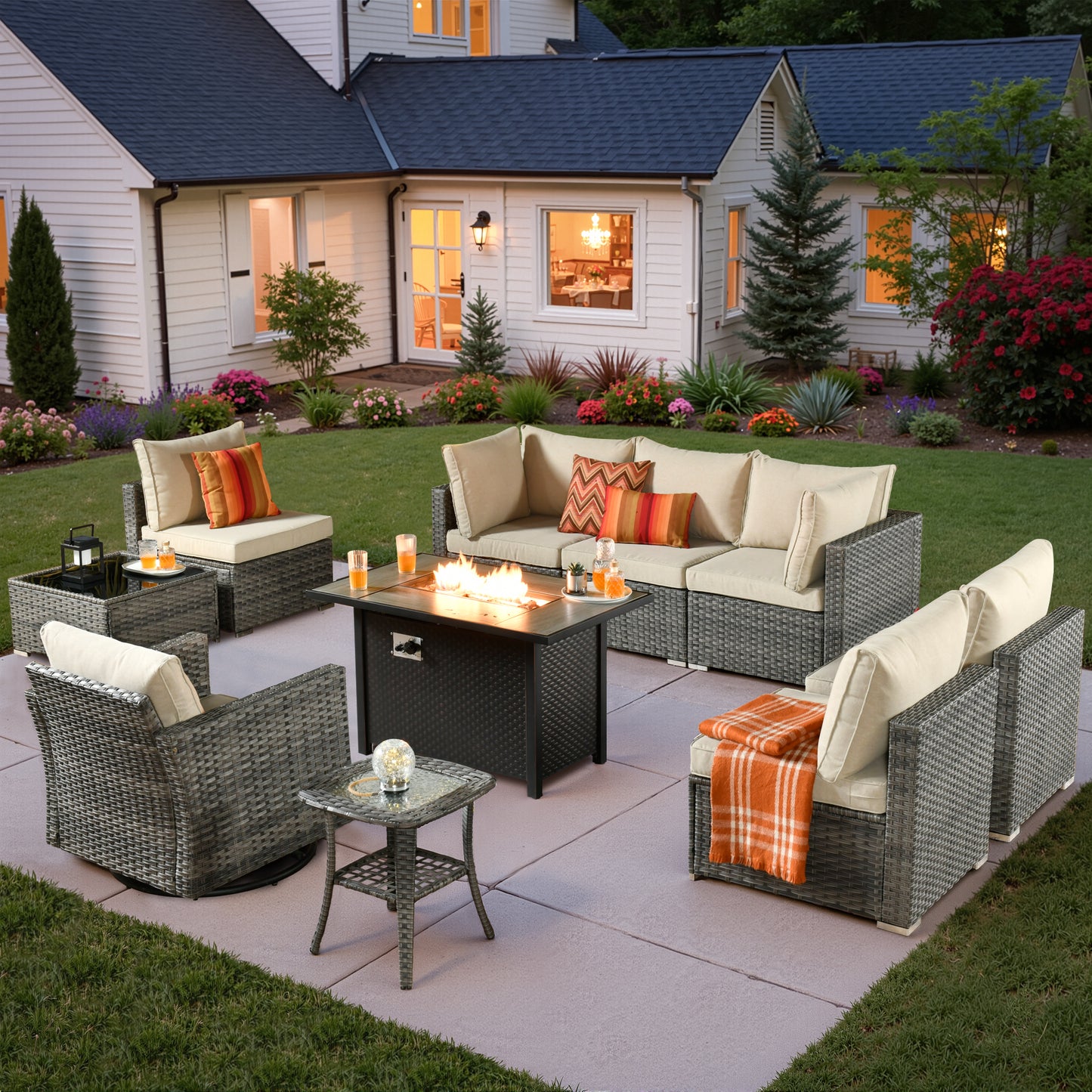 Vcatnet 6 Pieces Outdoor Patio Furniture with Fire Pit, Wicker Outdoor Conversation Set, Outdoor Sectional with Coffee Table