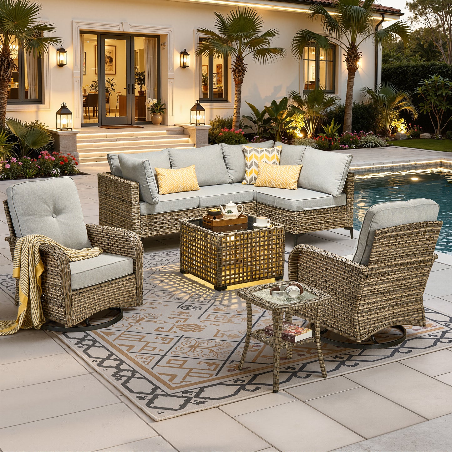 Vcatnet Outdoor Patio Furniture Sets 8 Pieces Sectional Sofa Wicker Conversation Set with Swivel Glider Chairs and Solar Powered Coffee Table for Porch,Backyard