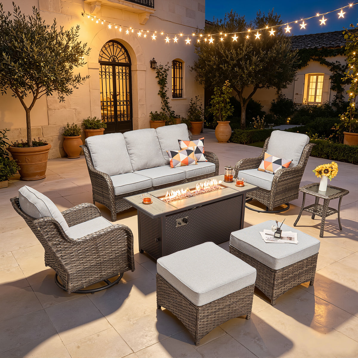 Vcatnet 6 Pieces Outdoor Patio Furniture Wicker High-Back Conversation Set with Swivel Rocking Chairs and Ottoman