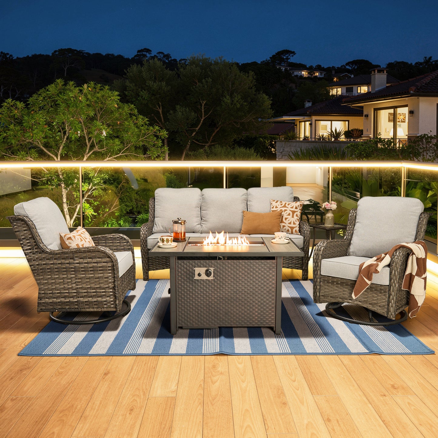 Vcatnet 6 Pieces Outdoor Patio Furniture Wicker High-Back Conversation Set with Swivel Rocking Chairs and Ottoman