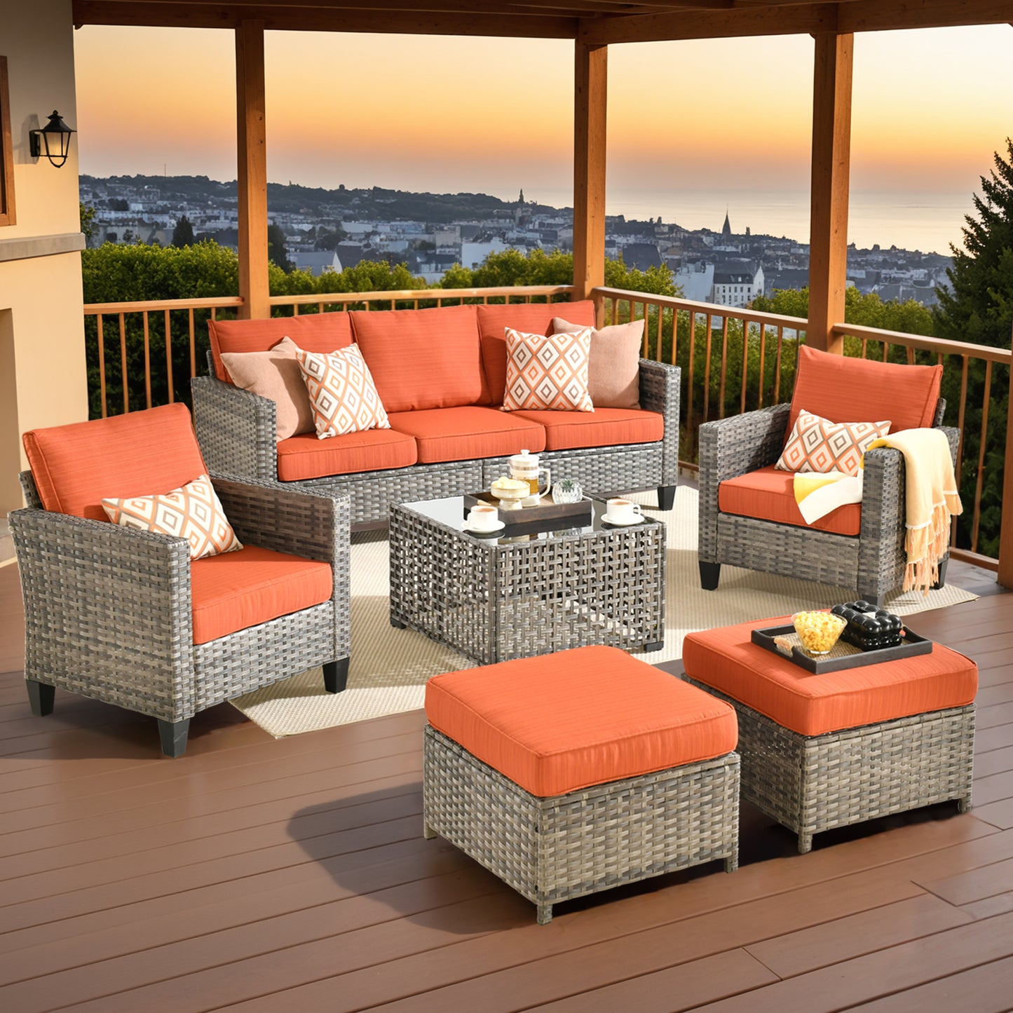 Vcatnet Patio Conversation Set, 5 Pieces Outdoor Sectional Sofa, All Weather Wicker Patio Furniture with Swivel Rocking Chairs and Coffee Table