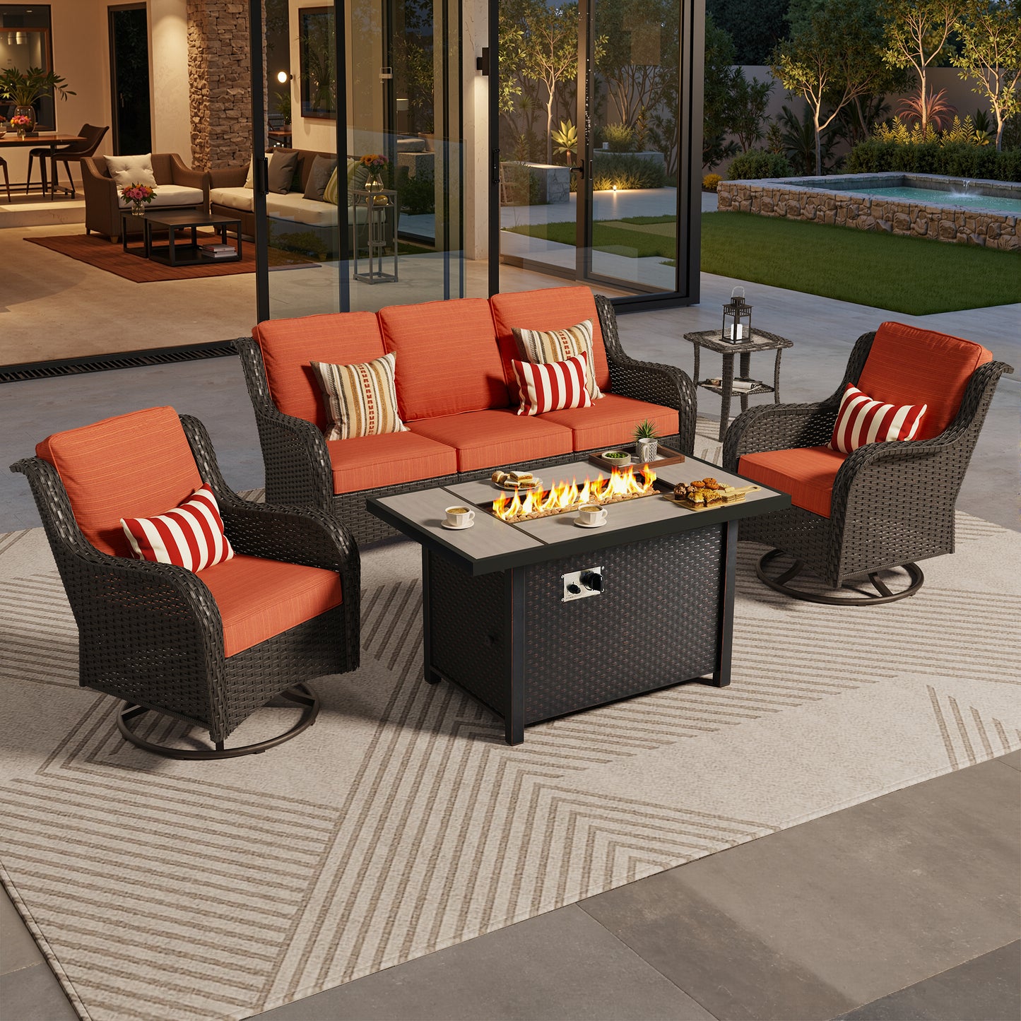 Vcatnet 6 Pieces Outdoor Patio Furniture Wicker High-Back Conversation Set with Swivel Rocking Chairs and Ottoman