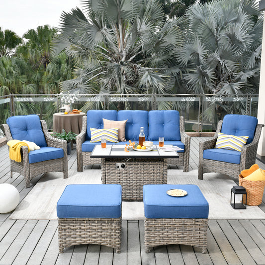 Vcatnet 6 Pieces Conversation Set Outdoor Patio PE Wicker High-Back Furniture with Fire Pit Table ,Diamond Blue