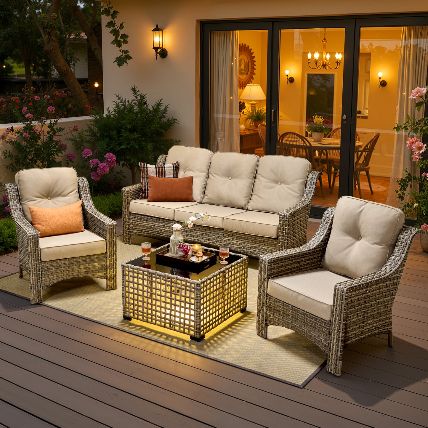 Vcatnet 4 Pieces Patio Outdoor Conversation Set High Back Wicker Rattan Furniture Outdoor Sectionals with Coffee Table