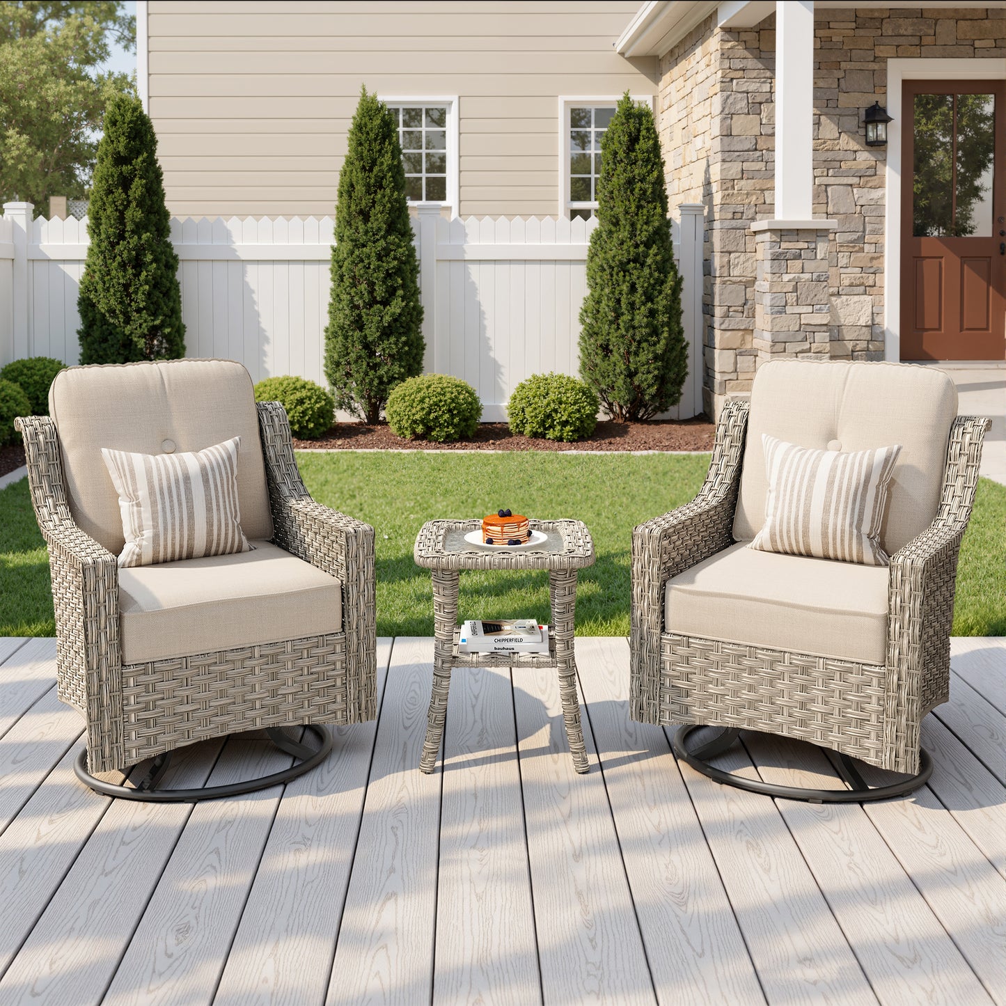 Vcatnet 3 Pieces Outdoor Patio Furniture Wicker Outdoor Swivel Rocking Chairs Set of 2 with Side Table, Swivel Rocker Patio Chairs Set for Porch, Backyard