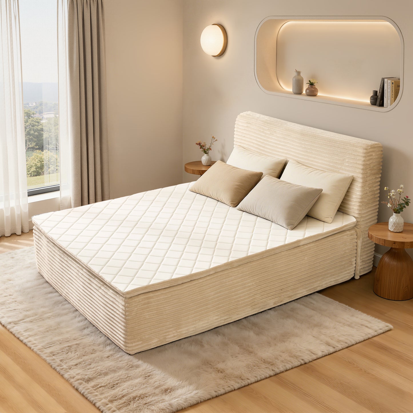 Vcatnet Twin Mattress with Headboard, 16.7 inch Hybrid Memory Foam Mattress in a Box, Corduroy Floor Bed, No Assembly Required, Beige