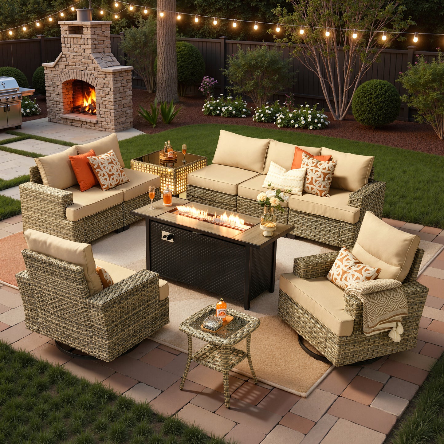 Vcatnet 9 Pieces Outdoor Patio Furniture with 54" Fire Pit Wicker Sectional Sofa All-Weather Outdoor Conversation Set with Swivel Glider Chairs and Ottoman