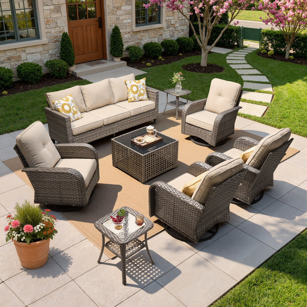 Vcatnet Outdoor Patio Furniture Set 8 Pieces Wicker Sectional Sofa All-Weather Rattan Conversation Set with Swivel Chairs and Coffee Table