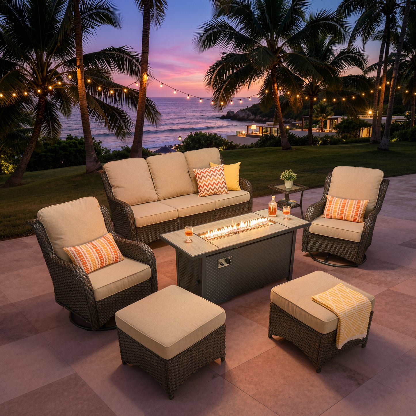 Vcatnet 5 Pieces Outdoor Patio Furniture with Fire Pit Wicker Sectional Sofa High-Back Conversation Set with Swivel Chairs