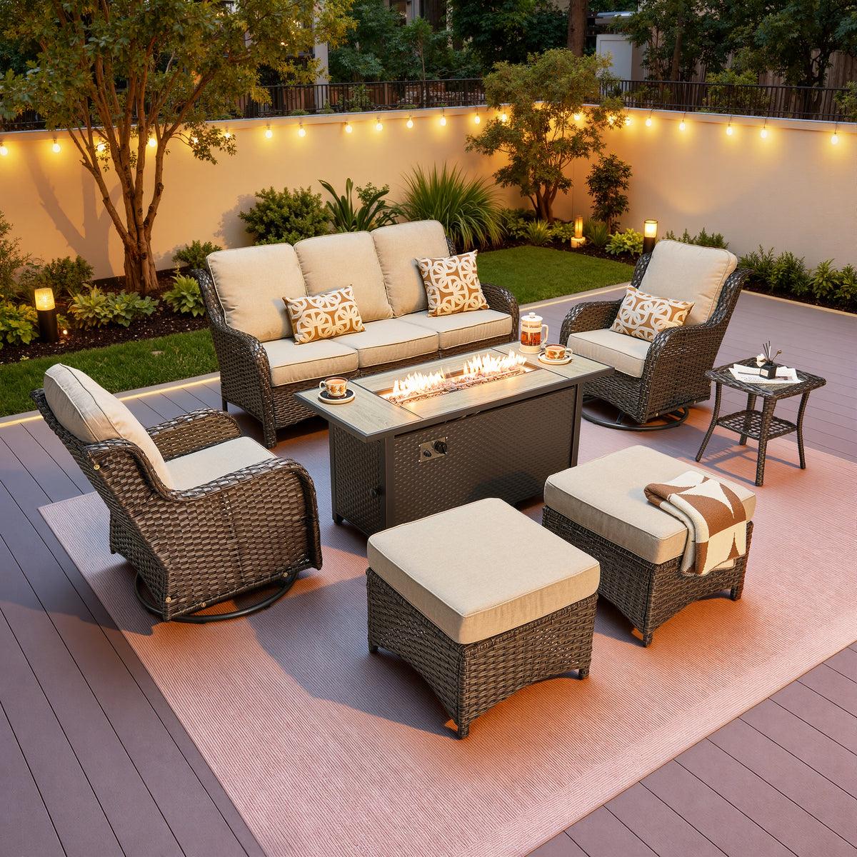 Vcatnet 5 Pieces Outdoor Patio Furniture with Fire Pit Wicker Sectional Sofa High-Back Conversation Set with Swivel Chairs