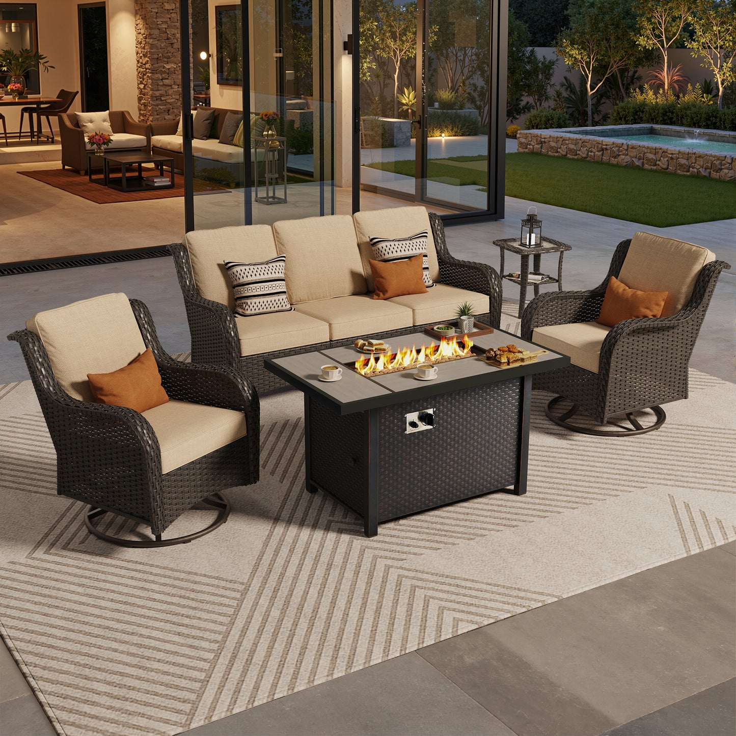 Vcatnet 6 Pieces Outdoor Patio Furniture Wicker High-Back Conversation Set with Swivel Rocking Chairs and Ottoman