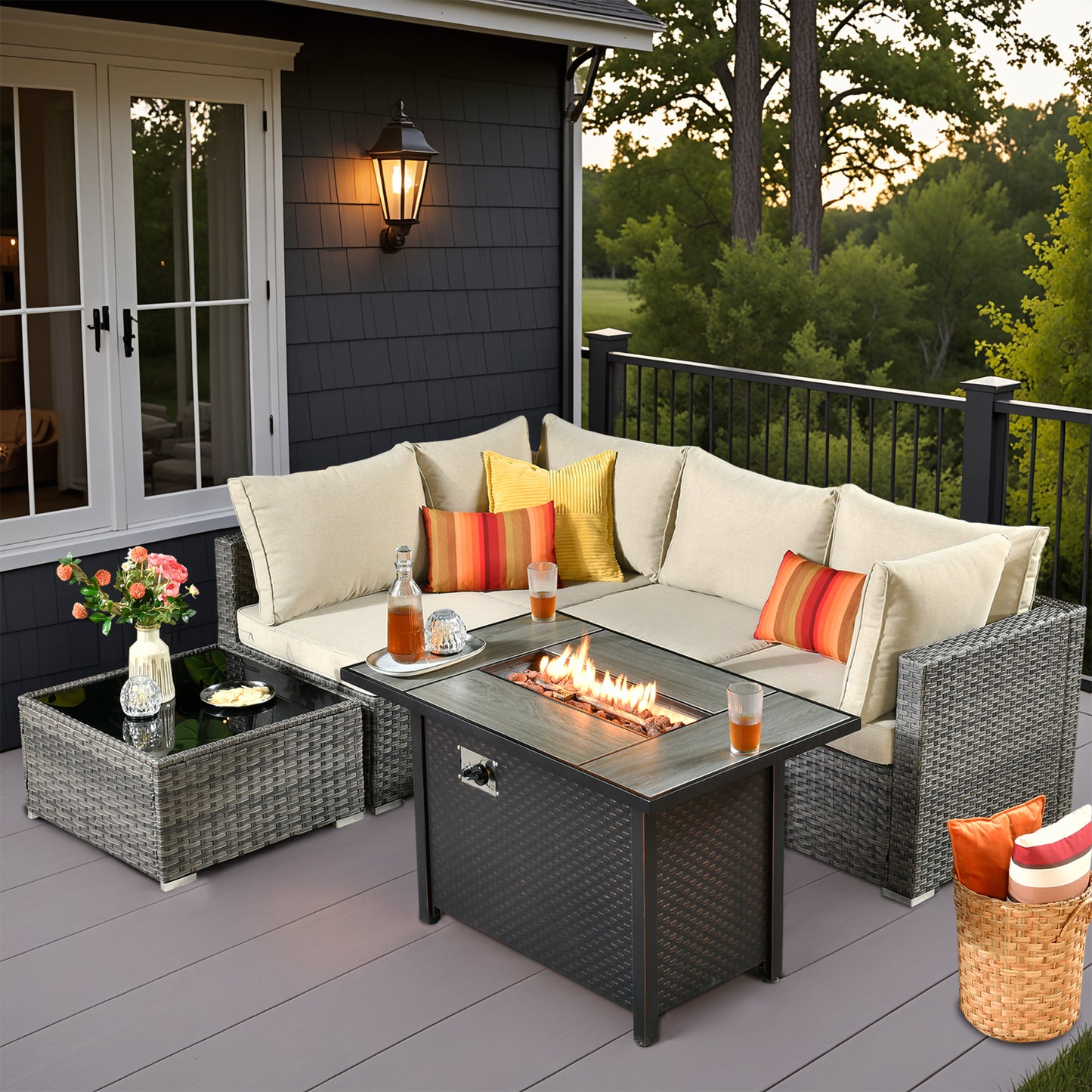 Vcatnet 6 Pieces Outdoor Patio Furniture with Fire Pit, Wicker Outdoor Conversation Set, Outdoor Sectional with Coffee Table