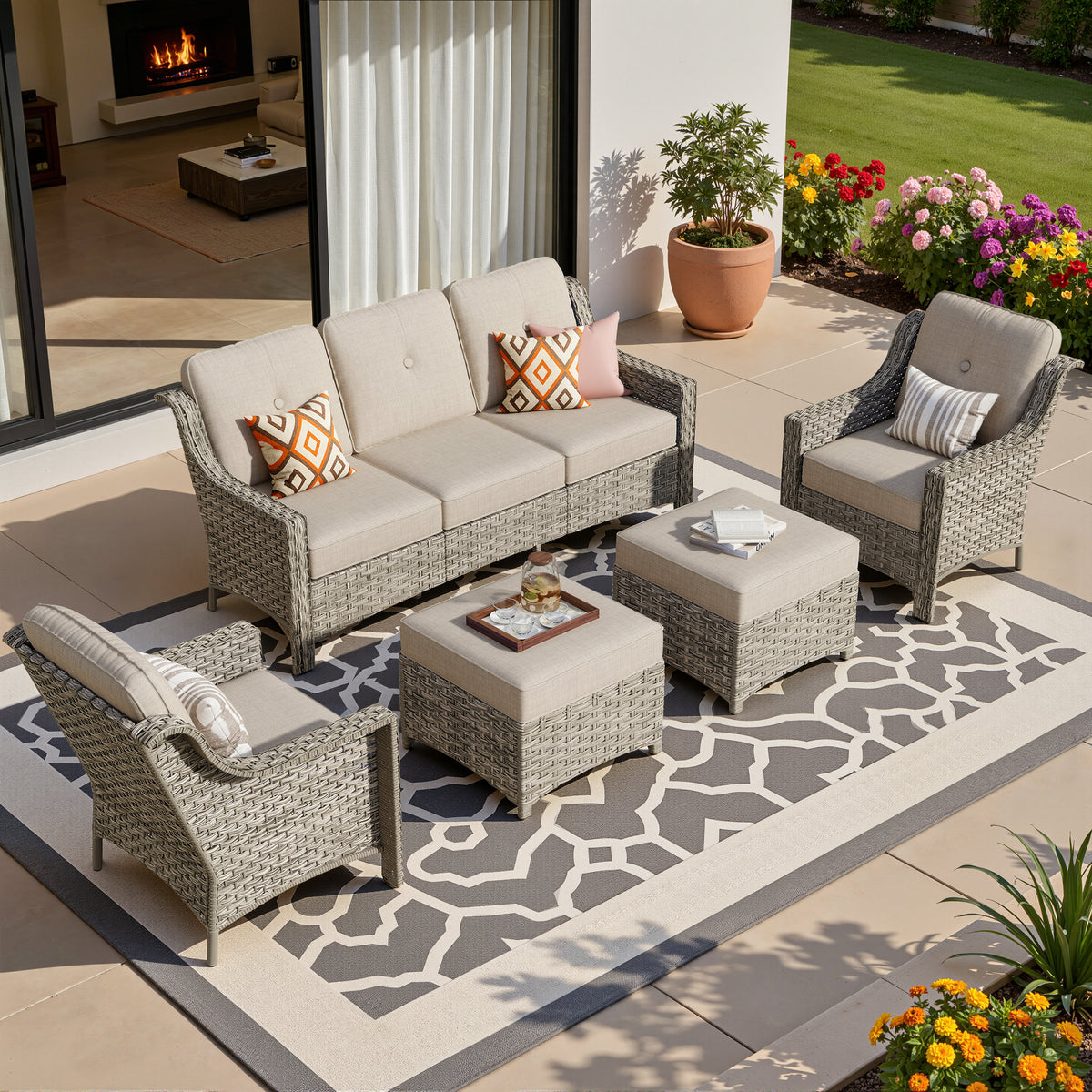 Vcatnet 4 Pieces Patio Outdoor Conversation Set High Back Wicker Rattan Furniture Outdoor Sectionals with Coffee Table