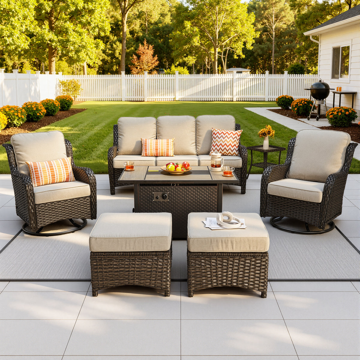 Vcatnet 5 Pieces Outdoor Patio Furniture with Fire Pit Wicker Sectional Sofa High-Back Conversation Set with Swivel Chairs