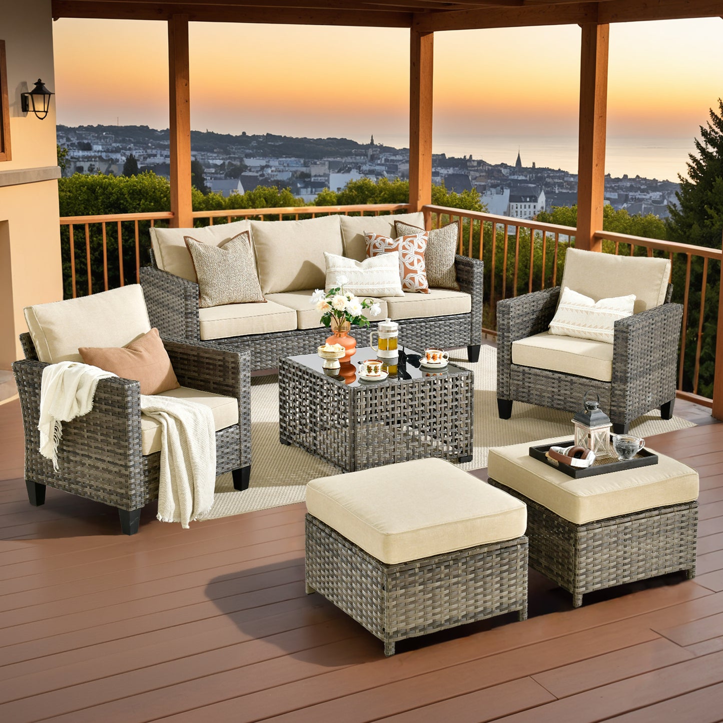 Vcatnet Patio Conversation Set, 5 Pieces Outdoor Sectional Sofa, All Weather Wicker Patio Furniture with Swivel Rocking Chairs and Coffee Table