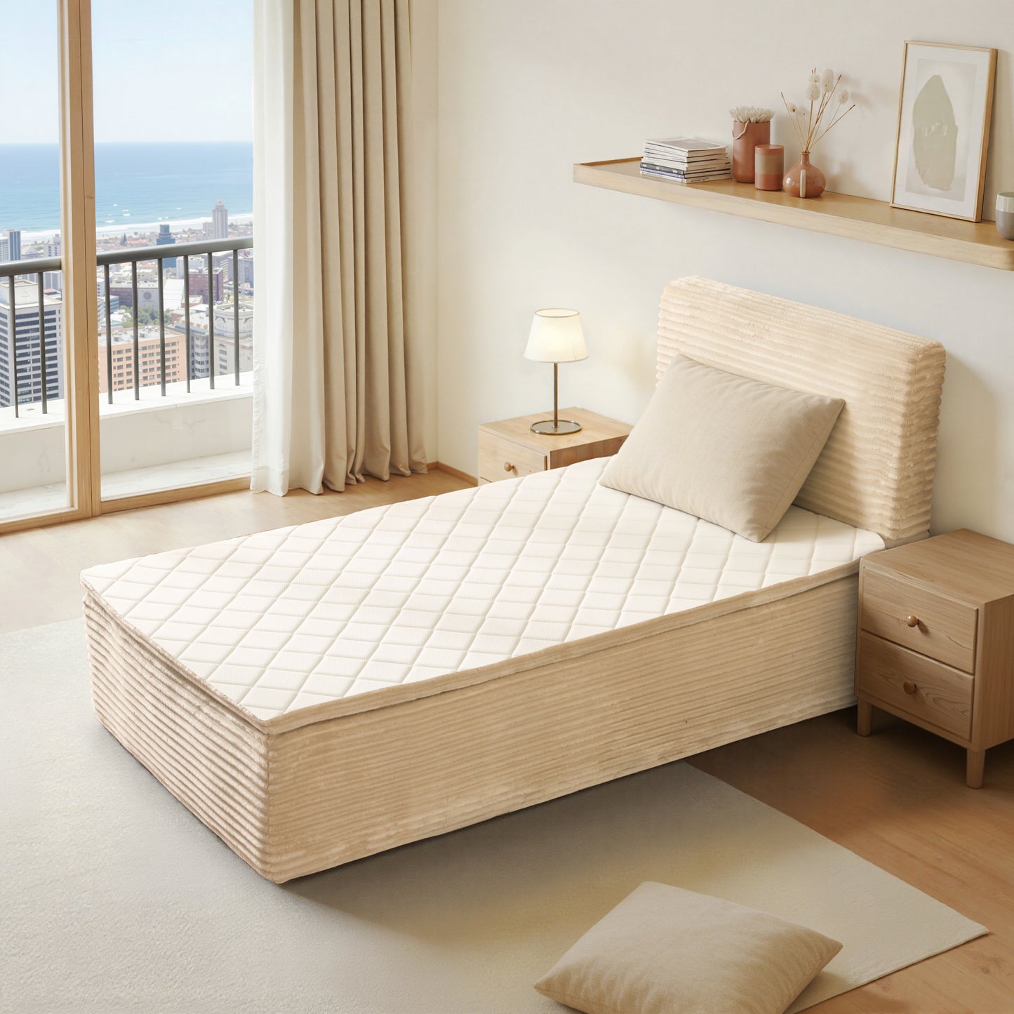 Vcatnet Twin Mattress with Headboard, 16.7 inch Hybrid Memory Foam Mattress in a Box, Corduroy Floor Bed, No Assembly Required, Beige