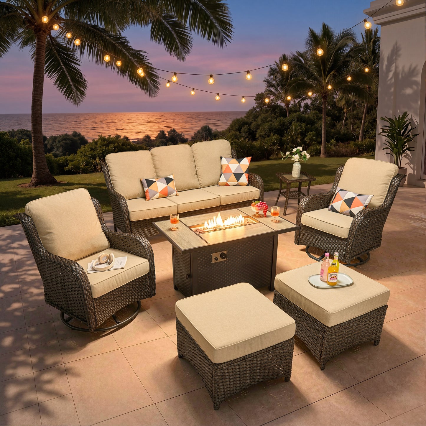 Vcatnet 5 Pieces Outdoor Patio Furniture with Fire Pit Wicker Sectional Sofa High-Back Conversation Set with Swivel Chairs