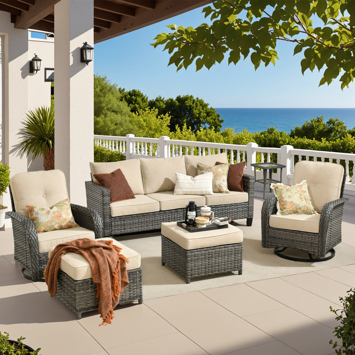 Vcatnet Patio Conversation Set, 5 Pieces Outdoor Sectional Sofa, All Weather Wicker Patio Furniture with Swivel Rocking Chairs and Coffee Table