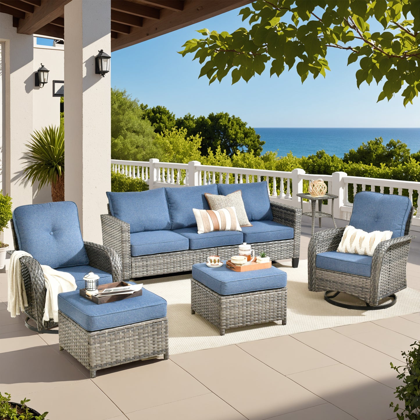 Vcatnet Patio Conversation Set, 5 Pieces Outdoor Sectional Sofa, All Weather Wicker Patio Furniture with Swivel Rocking Chairs and Coffee Table