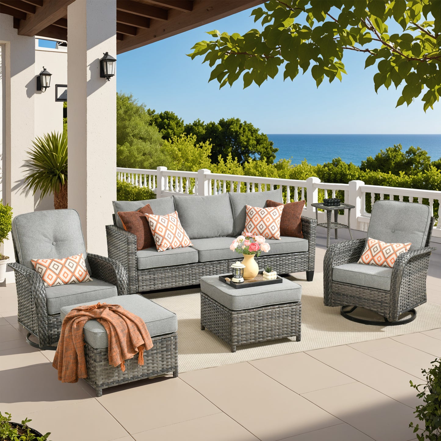 Vcatnet Patio Conversation Set, 5 Pieces Outdoor Sectional Sofa, All Weather Wicker Patio Furniture with Swivel Rocking Chairs and Coffee Table