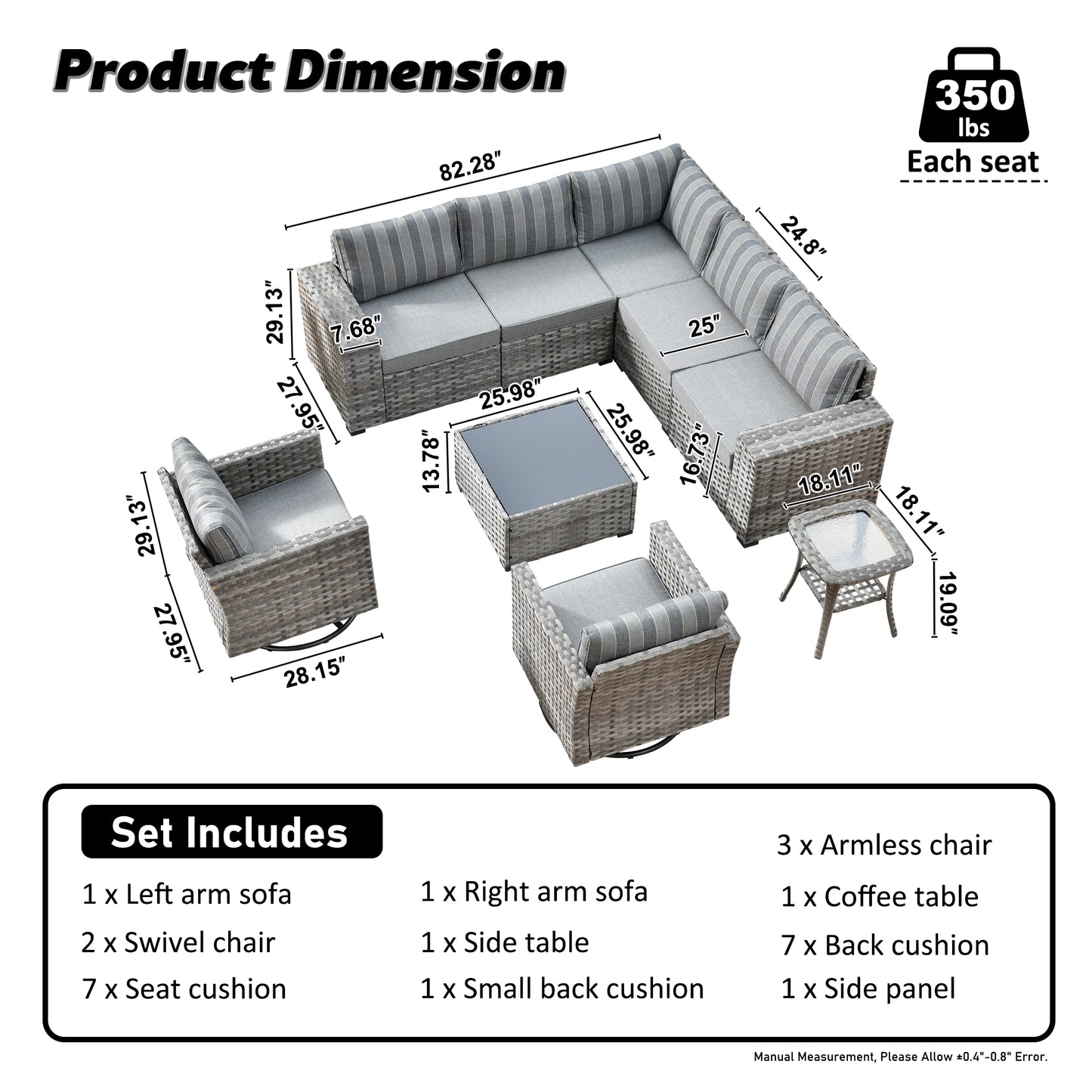 Vcatnet 9 Pieces Conversation Set Patio Outdoor Wicker Furniture with Glider Chairs and Coffee Table,Gray Stripes