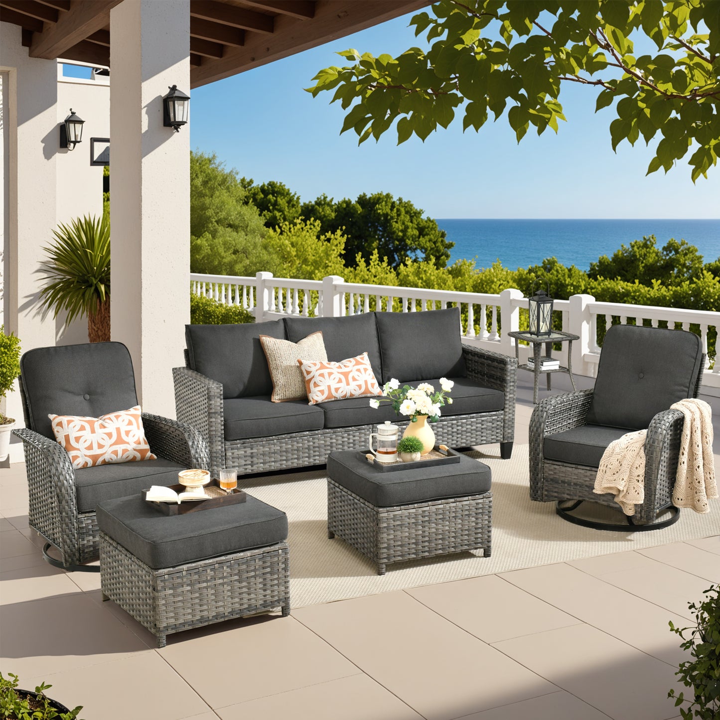 Vcatnet Patio Conversation Set, 5 Pieces Outdoor Sectional Sofa, All Weather Wicker Patio Furniture with Swivel Rocking Chairs and Coffee Table