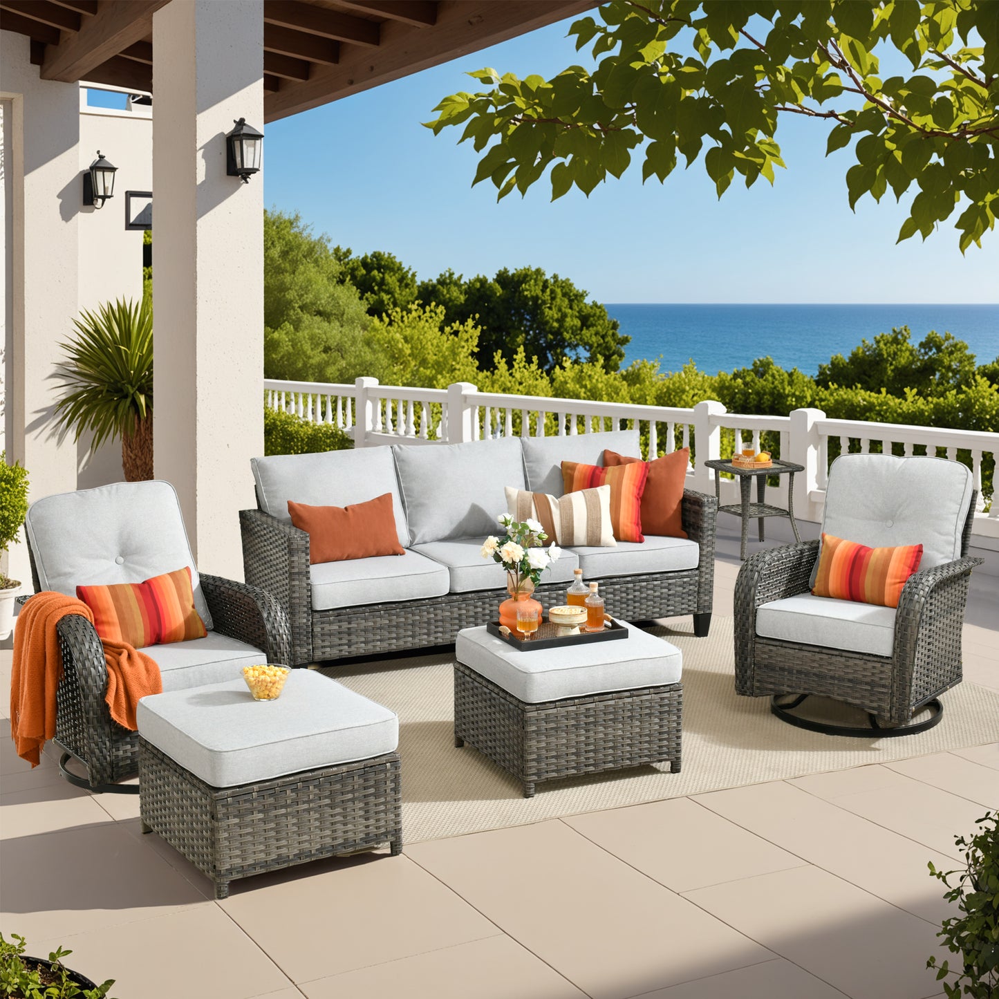 Vcatnet Patio Conversation Set, 5 Pieces Outdoor Sectional Sofa, All Weather Wicker Patio Furniture with Swivel Rocking Chairs and Coffee Table