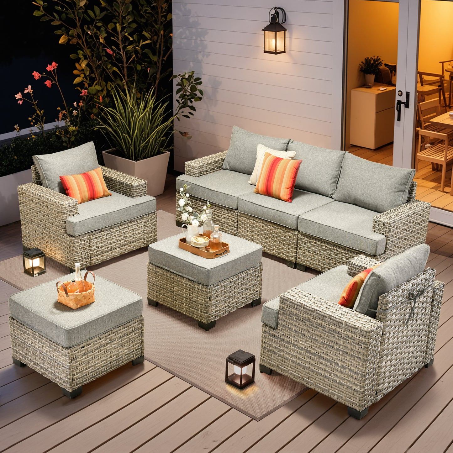 Vcatnet 7 Pieces Outdoor Patio Furniture Sectional Sofa Wicker Conversation Set with Ottomans