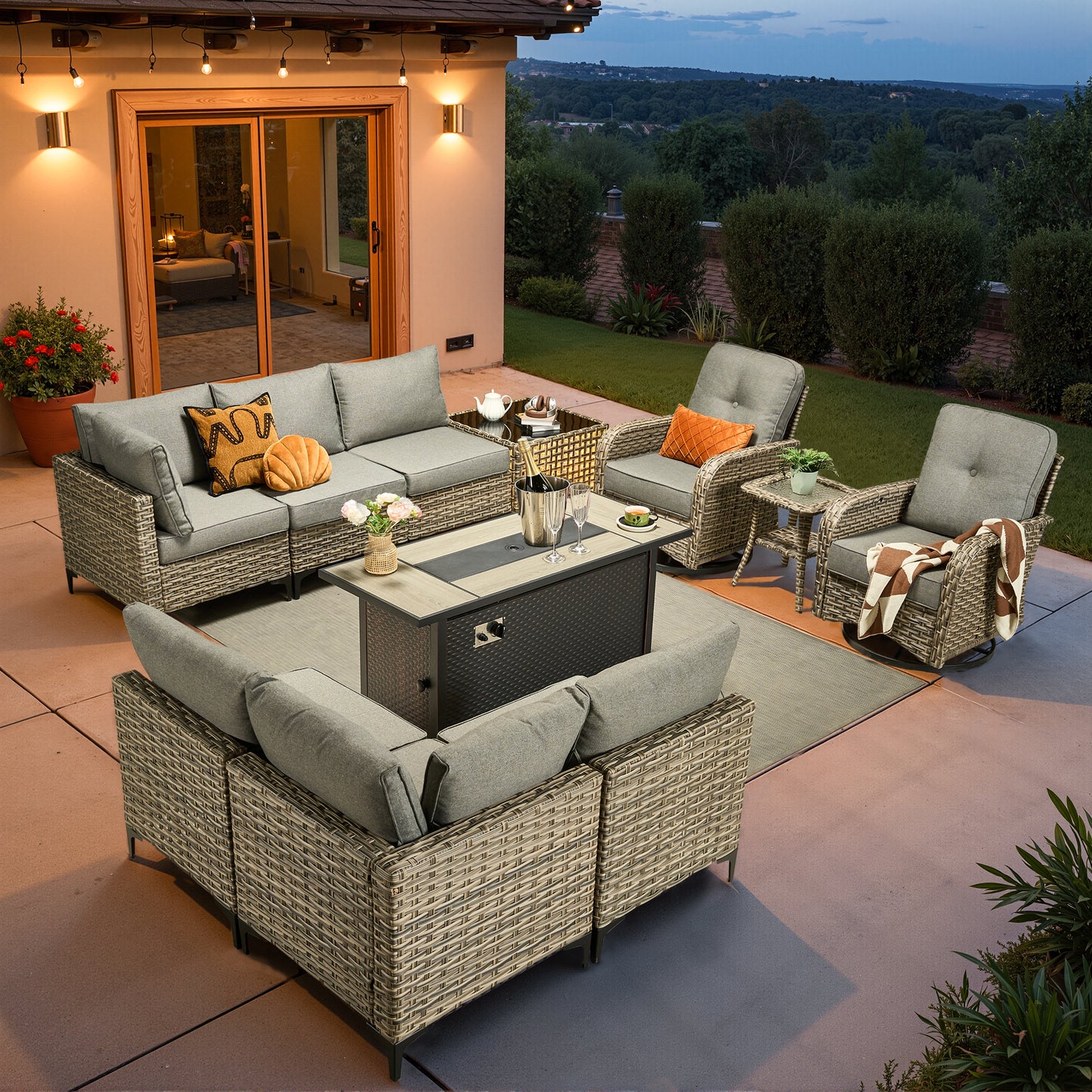 Vcatnet Outdoor Patio Furniture Sets 8 Pieces Sectional Sofa Wicker Conversation Set with Swivel Glider Chairs and Solar Powered Coffee Table for Porch,Backyard