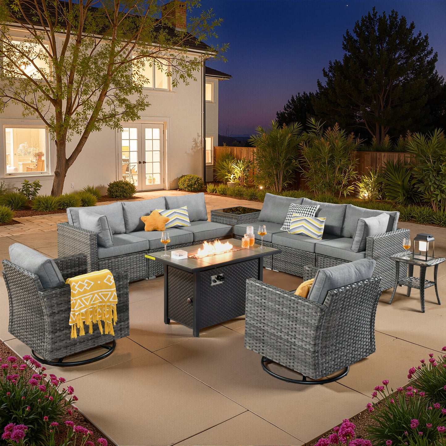 Vcatnet 6 Pieces Outdoor Patio Furniture with Fire Pit, Wicker Outdoor Conversation Set, Outdoor Sectional with Coffee Table