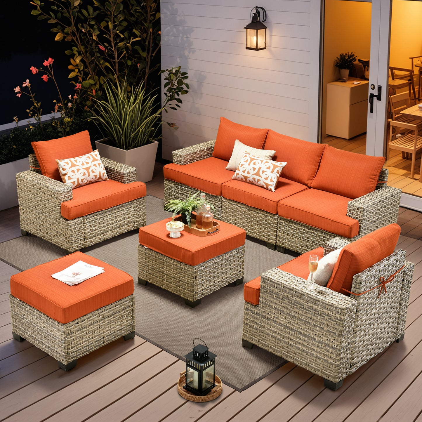 Vcatnet 7 Pieces Outdoor Patio Furniture Sectional Sofa Wicker Conversation Set with Ottomans