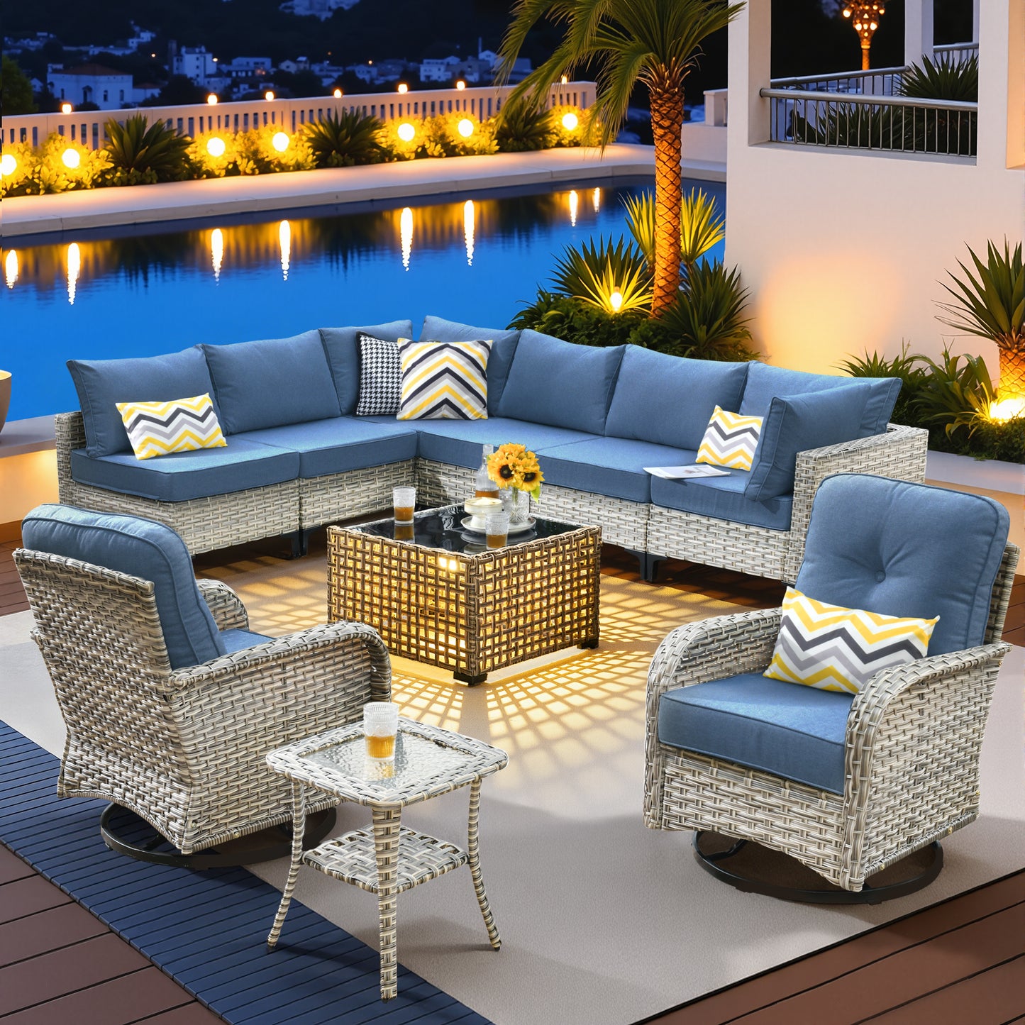 Vcatnet Outdoor Patio Furniture Sets 8 Pieces Sectional Sofa Wicker Conversation Set with Swivel Glider Chairs and Solar Powered Coffee Table for Porch,Backyard