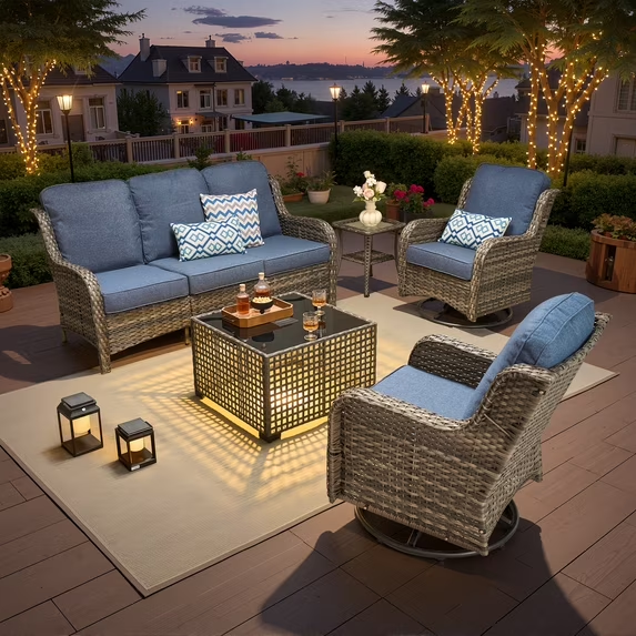 Vcatnet 6 Pieces Outdoor Patio Furniture Wicker High-Back Conversation Set with Swivel Rocking Chairs and Ottoman