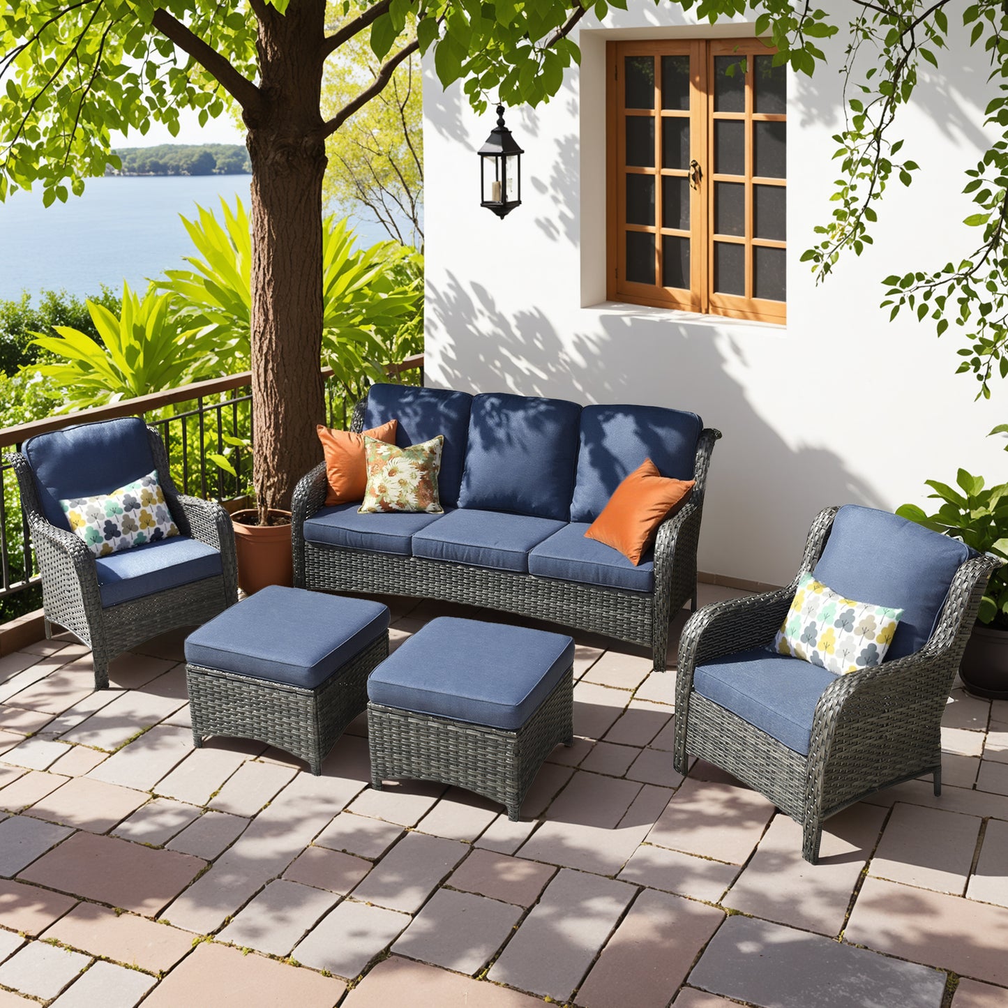 Vcatnet 5 Pieces Outdoor Patio Furniture Set Wicker Sectional Sofa High-Back Conversation Set with Ottoman,