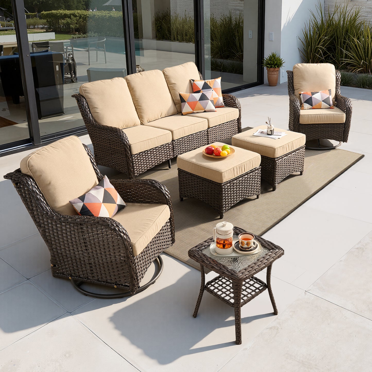 Vcatnet 6 Pieces Outdoor Patio Furniture Wicker High-Back Conversation Set with Swivel Rocking Chairs and Ottoman