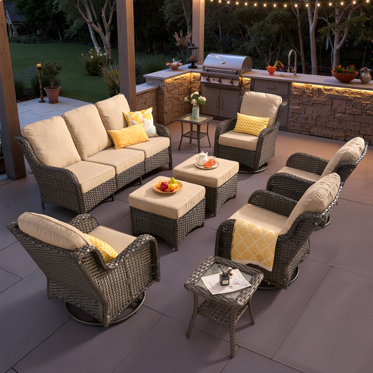 Vcatnet 5 Pieces Outdoor Patio Furniture with Fire Pit Wicker Sectional Sofa High-Back Conversation Set with Swivel Chairs