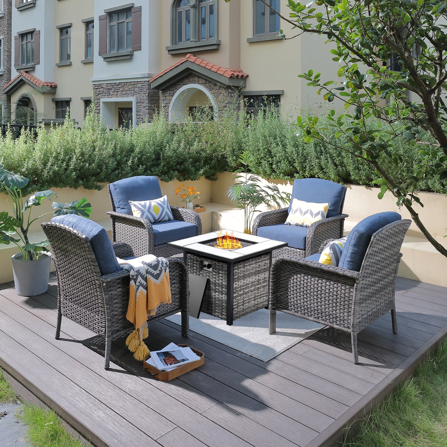 Vcatnet 5 Pieces Conversation Set Wicker Outdoor Patio Furniture with Fire Pit Table,Denim Blue