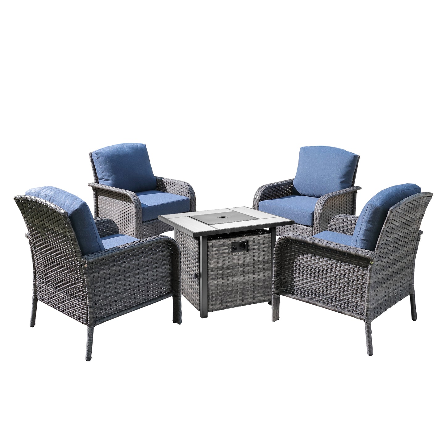 Vcatnet 5 Pieces Conversation Set Wicker Outdoor Patio Furniture with Fire Pit Table,Denim Blue