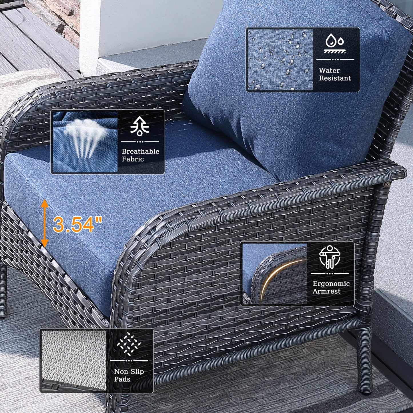 Vcatnet 5 Pieces Conversation Set Wicker Outdoor Patio Furniture with Fire Pit Table,Denim Blue