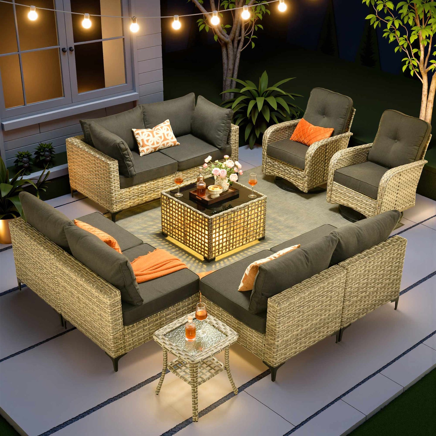 Vcatnet Outdoor Patio Furniture Sets 8 Pieces Sectional Sofa Wicker Conversation Set with Swivel Glider Chairs and Solar Powered Coffee Table for Porch,Backyard