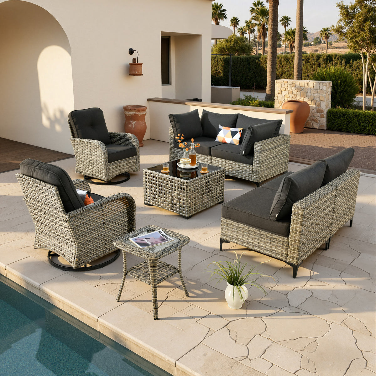 Vcatnet Outdoor Patio Furniture Sets 8 Pieces Sectional Sofa Wicker Conversation Set with Swivel Glider Chairs and Solar Powered Coffee Table for Porch,Backyard