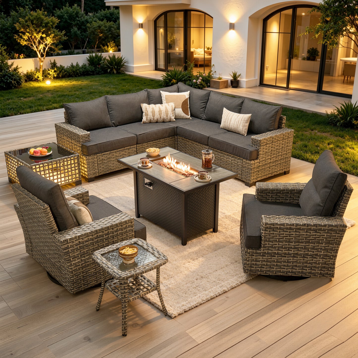 Vcatnet 9 Pieces Outdoor Patio Furniture with 54" Fire Pit Wicker Sectional Sofa All-Weather Outdoor Conversation Set with Swivel Glider Chairs and Ottoman