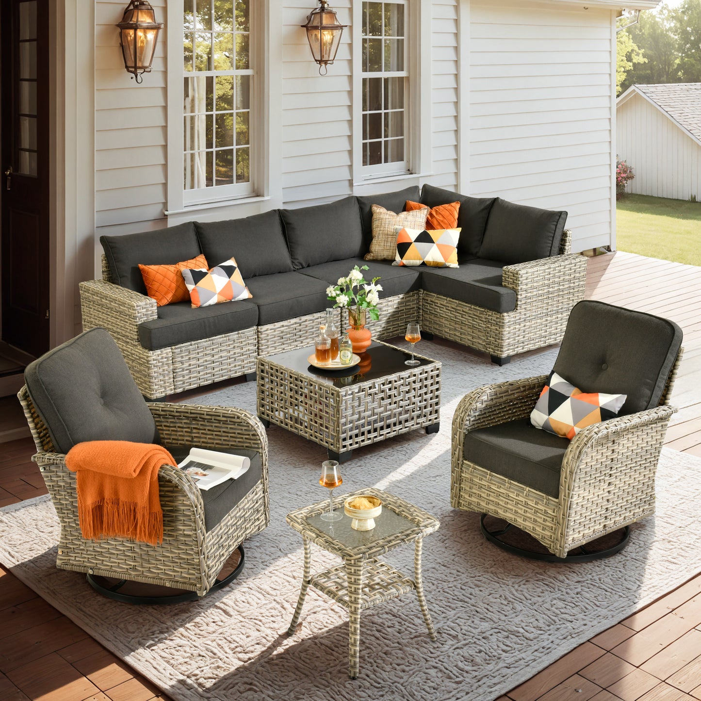 Vcatnet 7 Pieces Outdoor Patio Furniture Sectional Sofa Wicker Conversation Set with Ottomans
