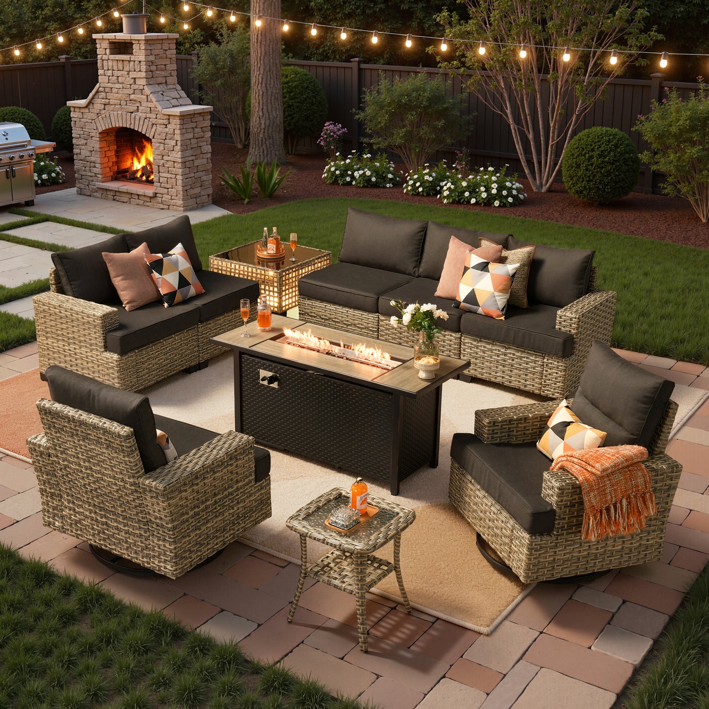 Vcatnet 9 Pieces Outdoor Patio Furniture with 54" Fire Pit Wicker Sectional Sofa All-Weather Outdoor Conversation Set with Swivel Glider Chairs and Ottoman