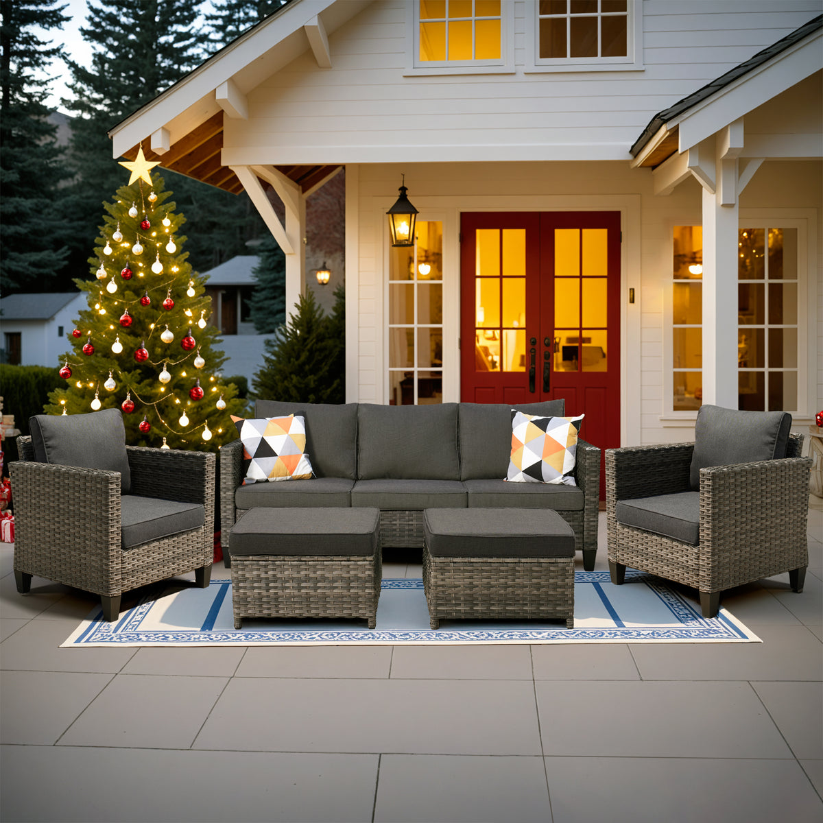 Vcatnet Outdoor Patio Furniture 5 Pieces Wicker Rattan Outdoor Sectional Conversation Set with Ottomans